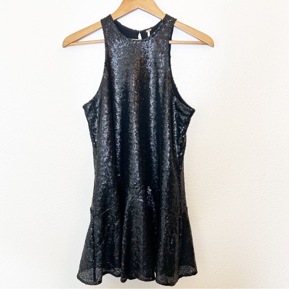 Free People Black Sequin Mini Dress Swing Racerback Boho Shiny Holiday Party - Picture 6 of 8
